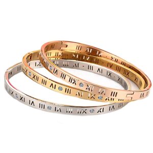 Winnie women's stainless steel rhinestone Roman numerals bracelet, rose gold, gold, silver, width 4.55mm. diameter 60mm (3 color set)