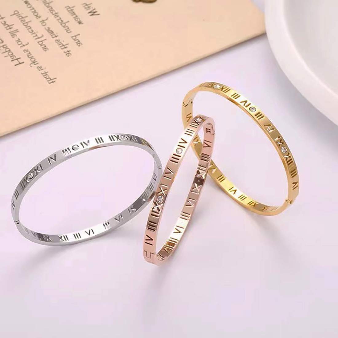 Winnie women's stainless steel rhinestone Roman numerals bracelet, rose gold, gold, silver, width 4.55mm. diameter 60mm (3 color set)