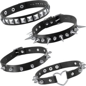 Hicarer 4 Pcs Women Men Cool Punk Choker Gothic Goth Spike Heart Shape Biker Choker PU Leather Collar Studded Rock Necklace (Black)