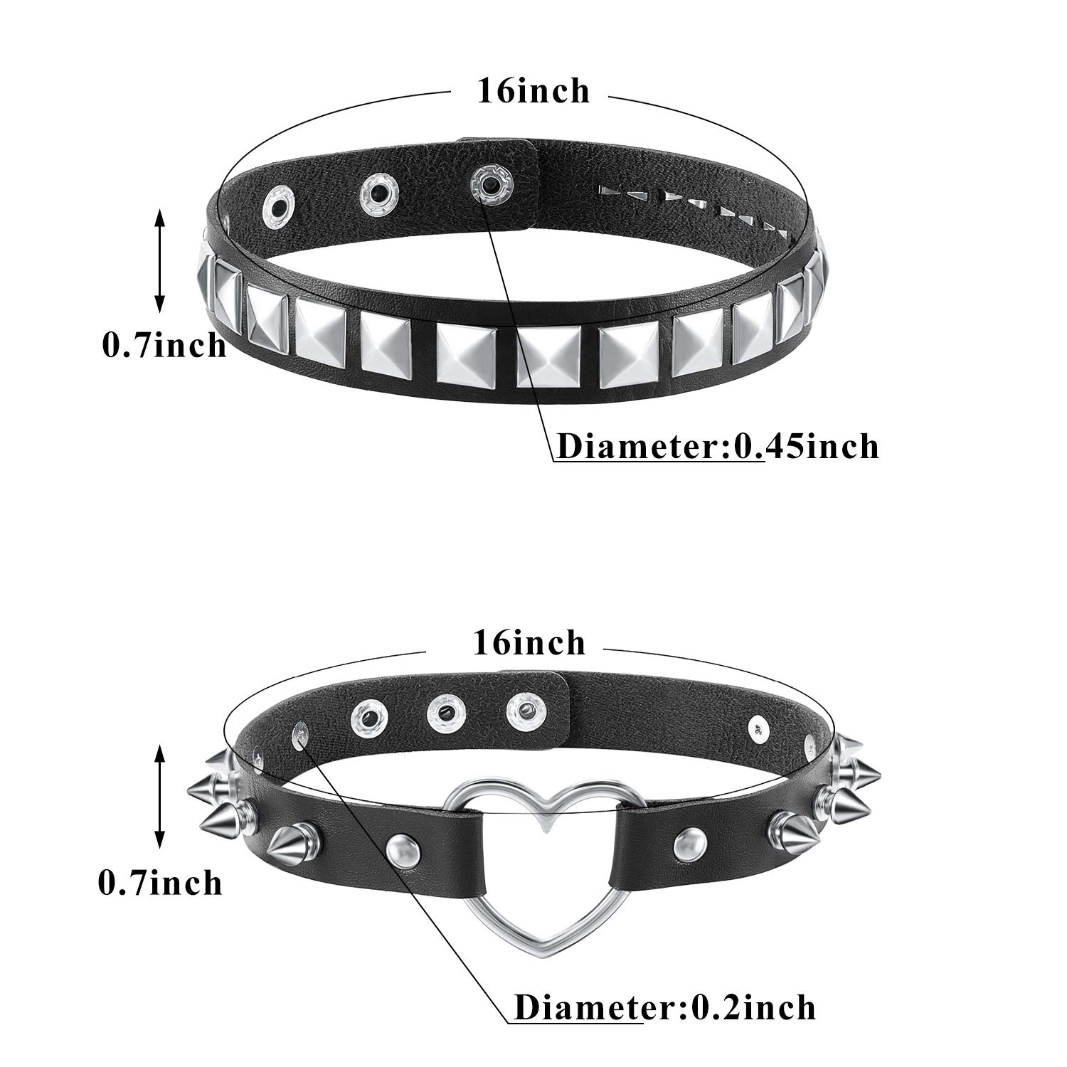 Hicarer 4 Pcs Women Men Cool Punk Choker Gothic Goth Spike Heart Shape Biker Choker PU Leather Collar Studded Rock Necklace (Black)