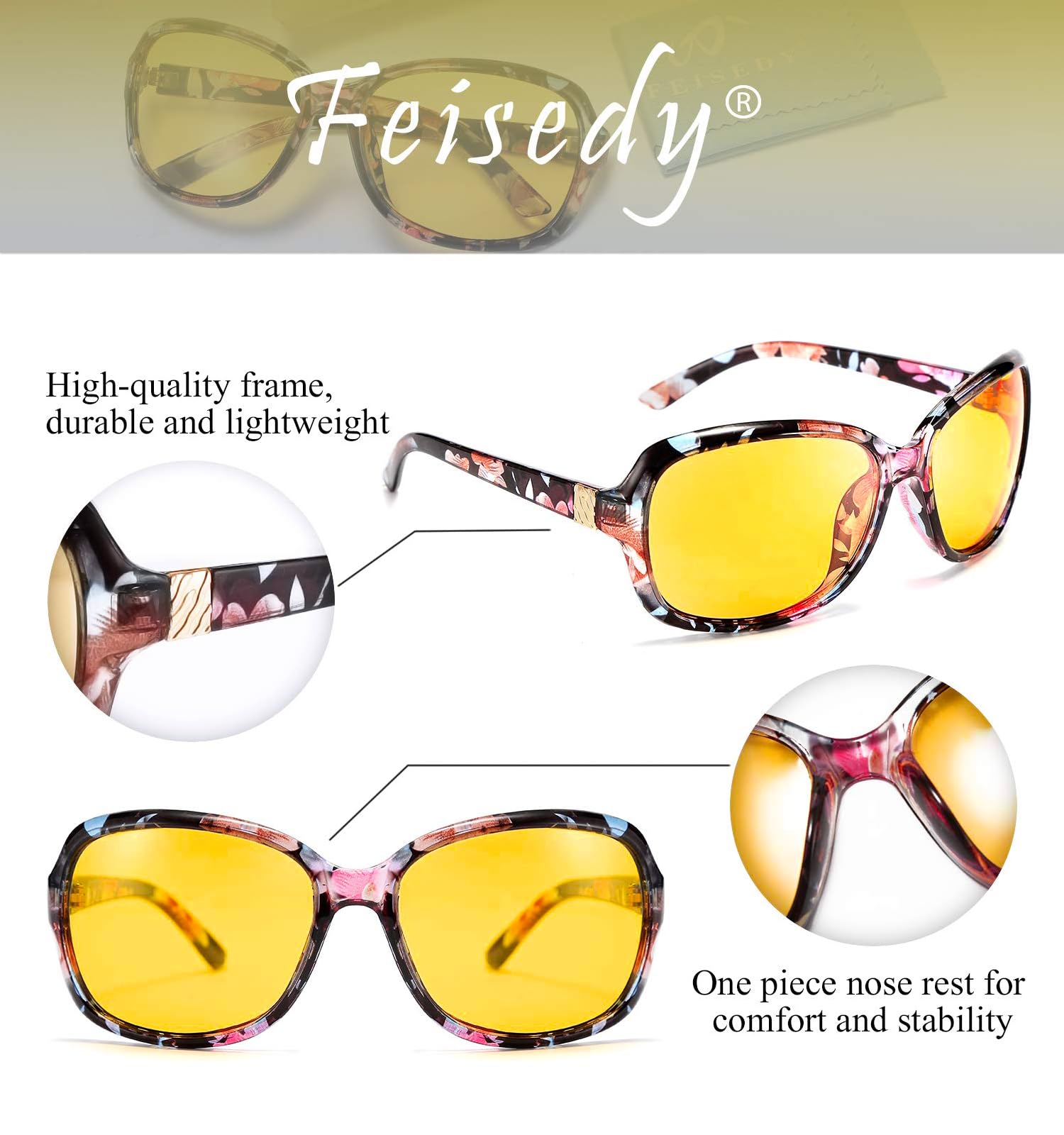 FEISEDY Classic Womens Night Glasses Driving Anti Glare Wrap Around Yellow Sunglasses B2548