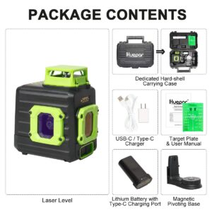 Huepar Cross Line Laser Level, Green 360° Horizontal and Two Vertical Lines, Self-Leveling Alignment Multi Line Laser Tool, Li-ion Battery with Type-C Charging Port & Hard Carry Case Included - B21CG