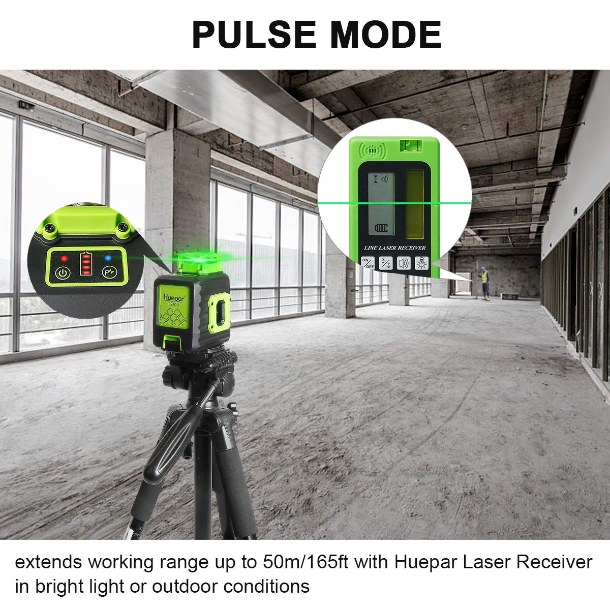 Huepar Cross Line Laser Level, Green 360° Horizontal and Two Vertical Lines, Self-Leveling Alignment Multi Line Laser Tool, Li-ion Battery with Type-C Charging Port & Hard Carry Case Included - B21CG