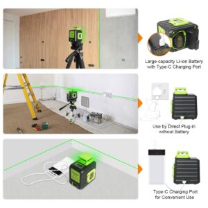 Huepar Cross Line Laser Level, Green 360° Horizontal and Two Vertical Lines, Self-Leveling Alignment Multi Line Laser Tool, Li-ion Battery with Type-C Charging Port & Hard Carry Case Included - B21CG