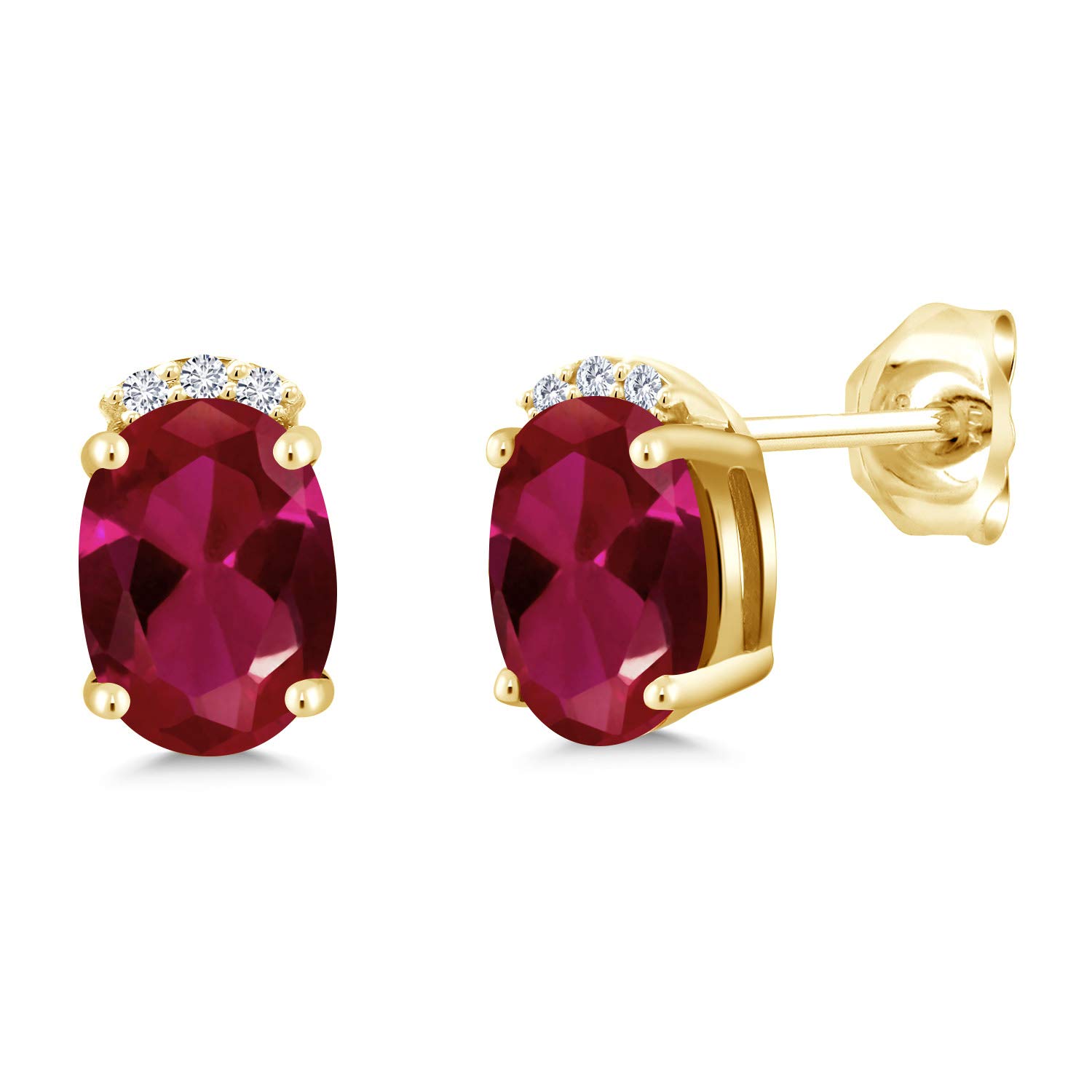 Gem Stone King 2.06 Ct Red Created Ruby G-H Lab Grown Diamond 18K Yellow Gold Plated Silver Earrings