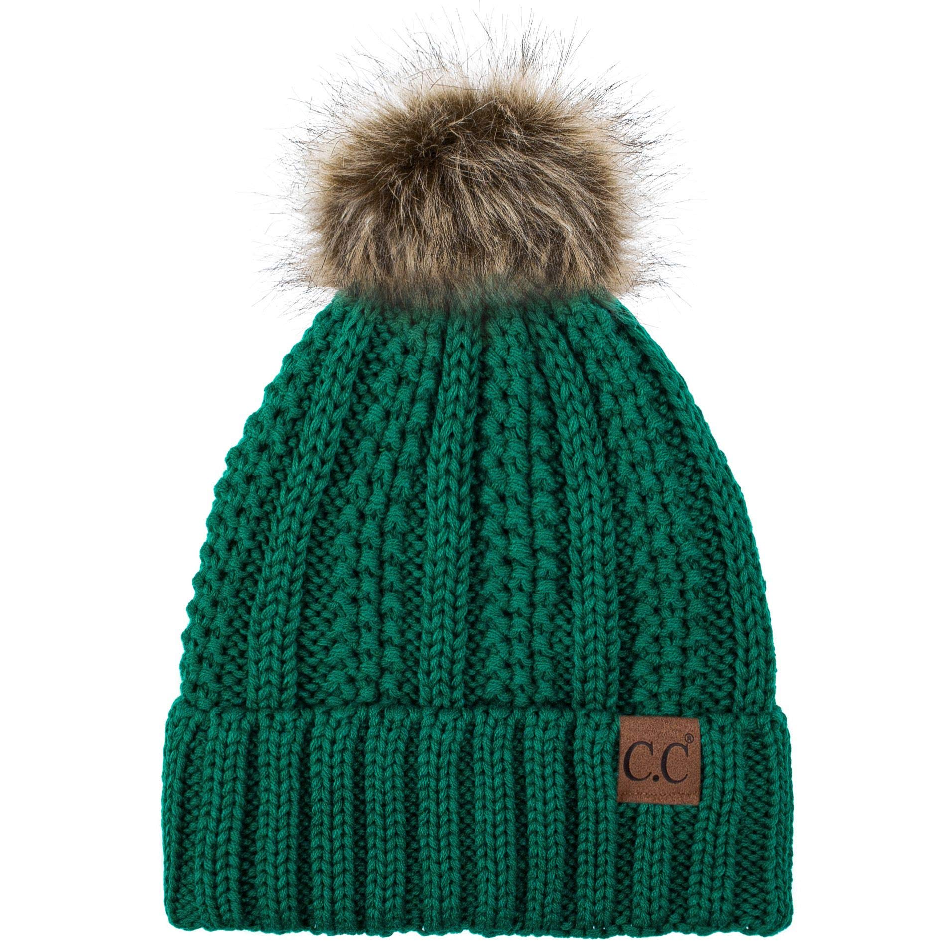 C.C Exclusives Fuzzy Lined Knit Fur Pom Beanie Hat (YJ-820) (Sea Green)