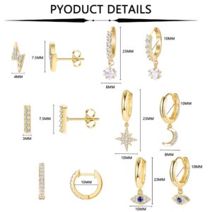 LOYALLOOK 6Pairs Moon Star Dangle Hoop Earrings for Women Mini Bar Stud Earrings CZ Drop Cartilage Cute Jewelry Small Huggie Hoop Valentine's Gift Gold Plated