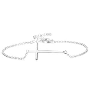 Sllaiss 925 Sterling Silver Sideways Cross Bracelet for Women Religious Chain Bracelet Christian Faith White Gold Plated Adjustable (Silver)