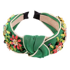 qtmy rhinestone crystal wide headbands knot turban fashion vintage hairband elastic hair hoops hair accessories for women girls (green)