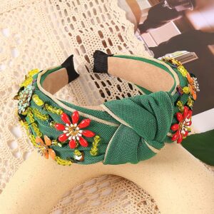 QTMY Rhinestone Crystal Wide Headbands Knot Turban Fashion Vintage Hairband Elastic Hair Hoops Hair Accessories for Women Girls (Green)