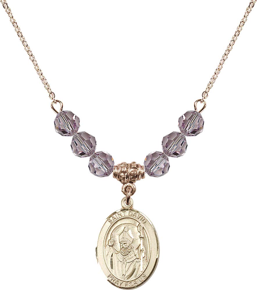 Bonyak Jewelry 18 Inch Hamilton Gold Plated Necklace w/ 6mm Light Purple February Birth Month Stone Beads and Saint David of Wales