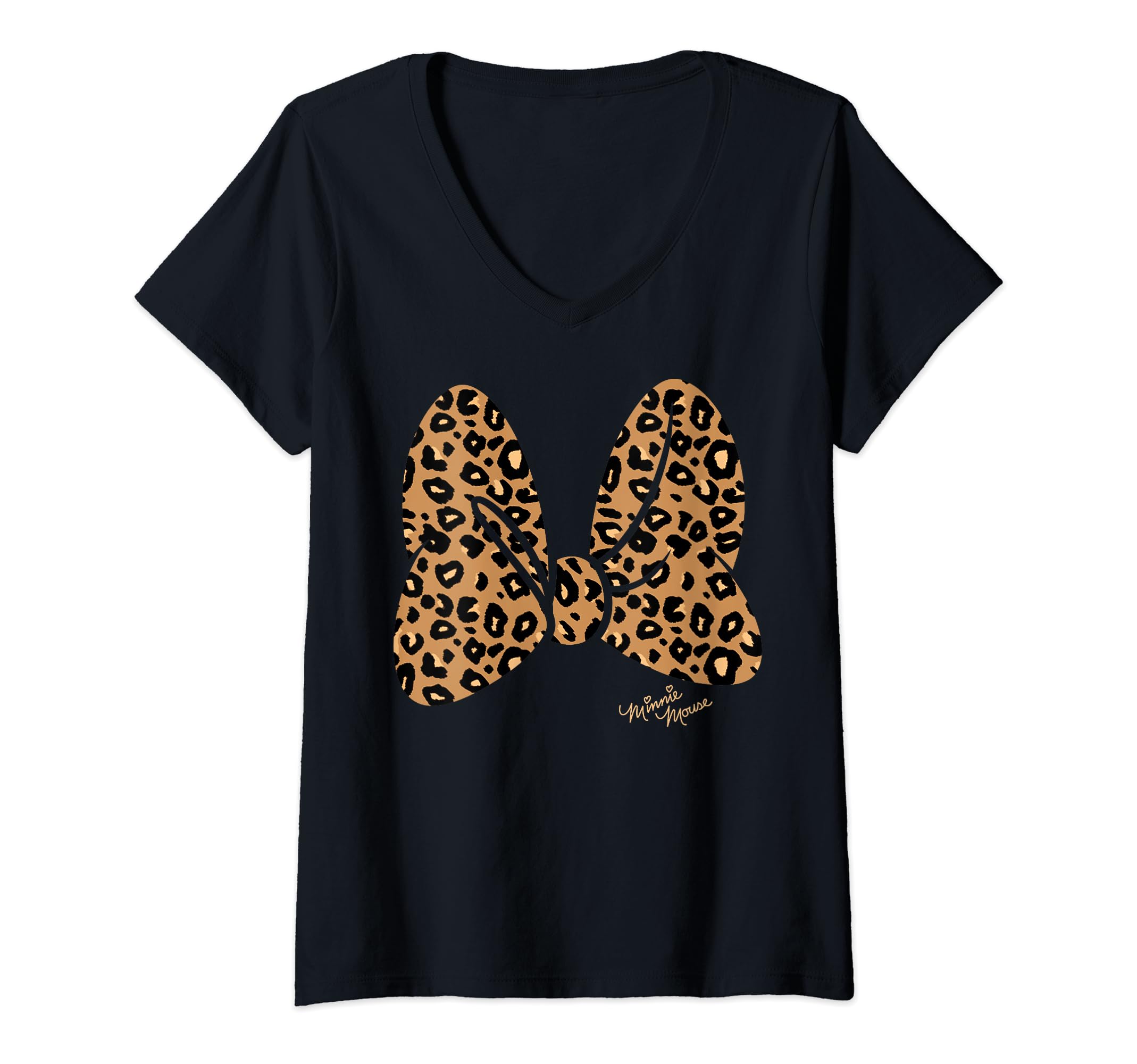 Womens Disney Minnie Mouse Leopard Print Bow V-Neck T-Shirt,Short Sleeve