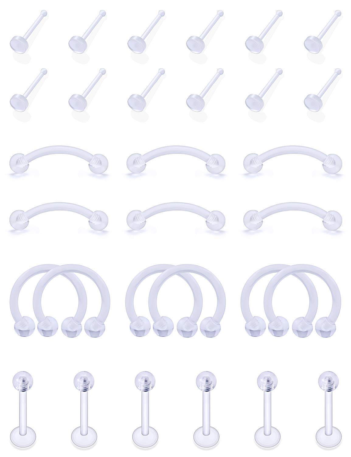 Jenxnjsjo Body Piercing Retainers BioFlex Ear Cartilage Rook Daith Nose Septum Lip Labret Eyebrow Retainers 16g Clear Flexible Bio-Plastic Studs Rings Earrings Horseshoe Piercing Retainer for Work