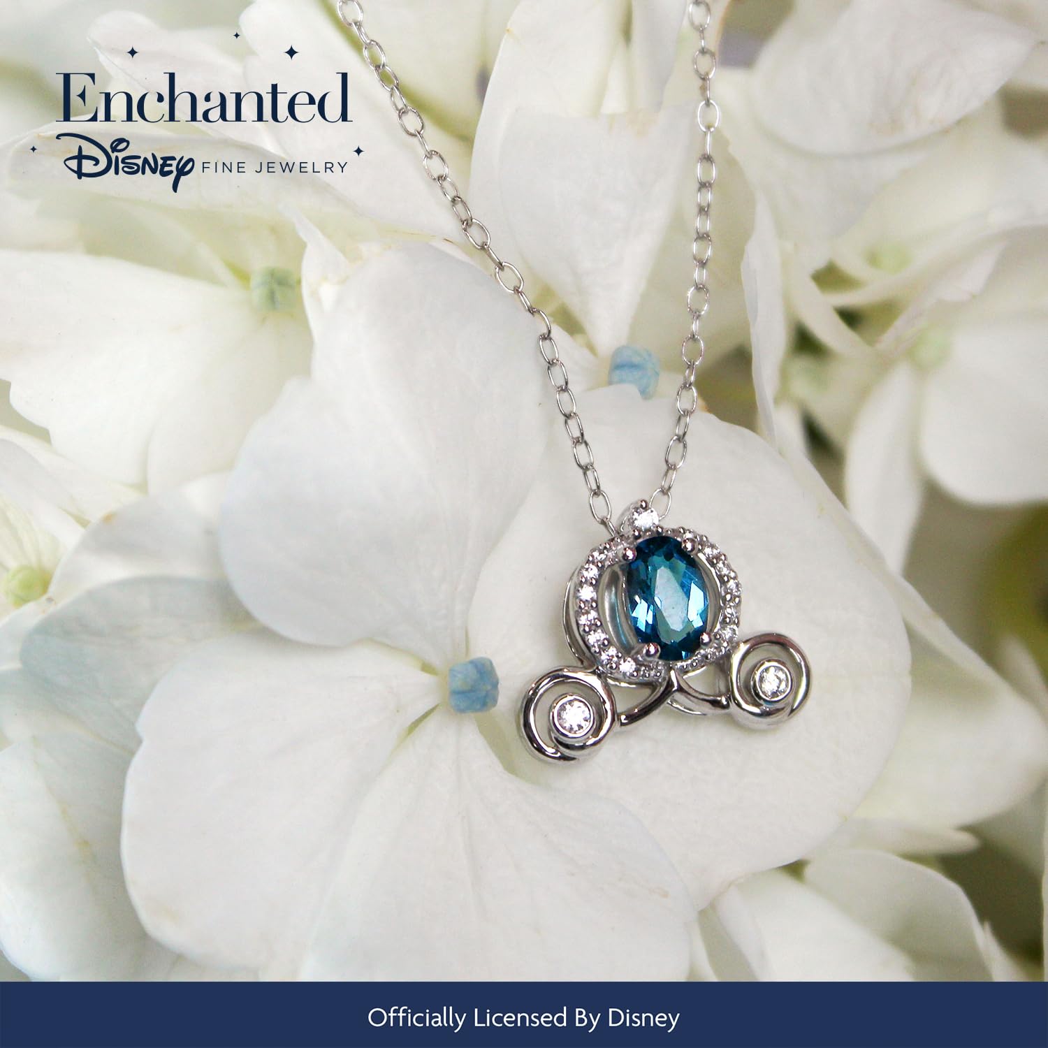 Jewelili Disney Princess Cinderella Inspired Carriage Pendant Necklace for Women with 1/10 CTTW Diamond and London Blue Topaz in Sterling Silver Enchanted Disney Fine Jewelry