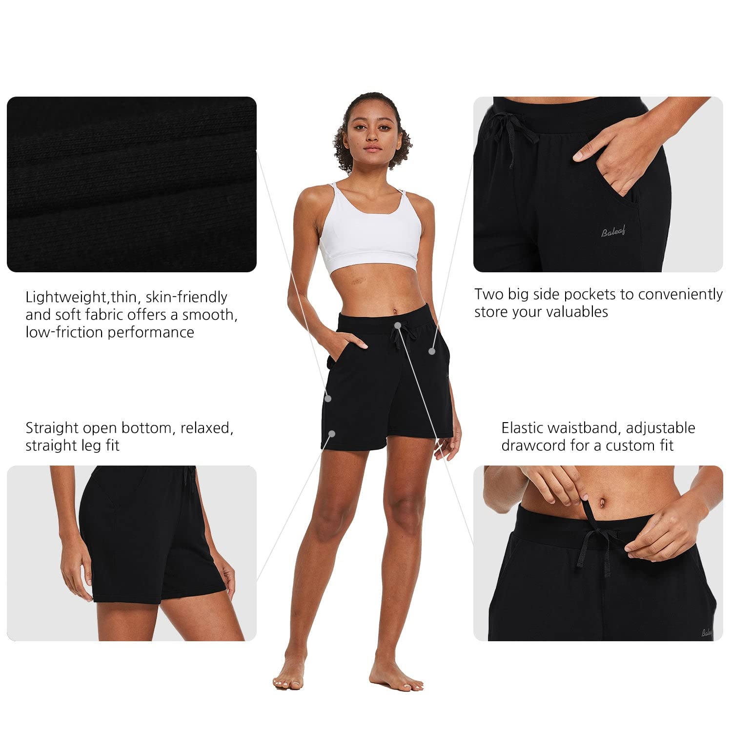 BALEAF Womens Lounge Shorts Cotton Athletic Sweat Shorts with Pockets High Waist Summer Casual Black Size XXL