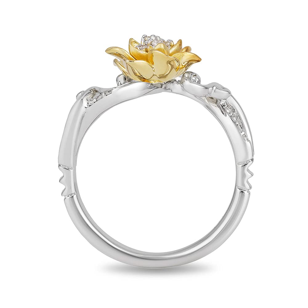 Jewelili Enchanted Disney Fine Jewelry Sterling Silver and 10K Yellow Gold 1/10 Cttw Diamond Tiana Water Lily Ring Size 7