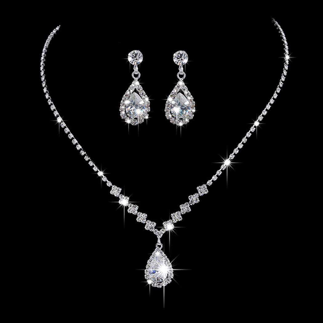 JAKAWIN Bride Silver Bridal Necklace Earrings Set Crystal Wedding Jewelry Set Rhinestone Choker Necklace for Women (Set of 3) (NK144-3)