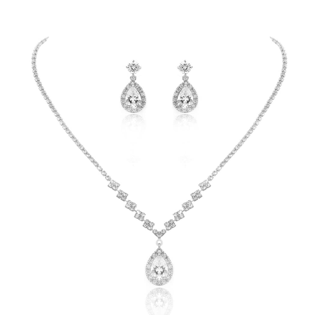 JAKAWIN Bride Silver Bridal Necklace Earrings Set Crystal Wedding Jewelry Set Rhinestone Choker Necklace for Women (Set of 3) (NK144-3)