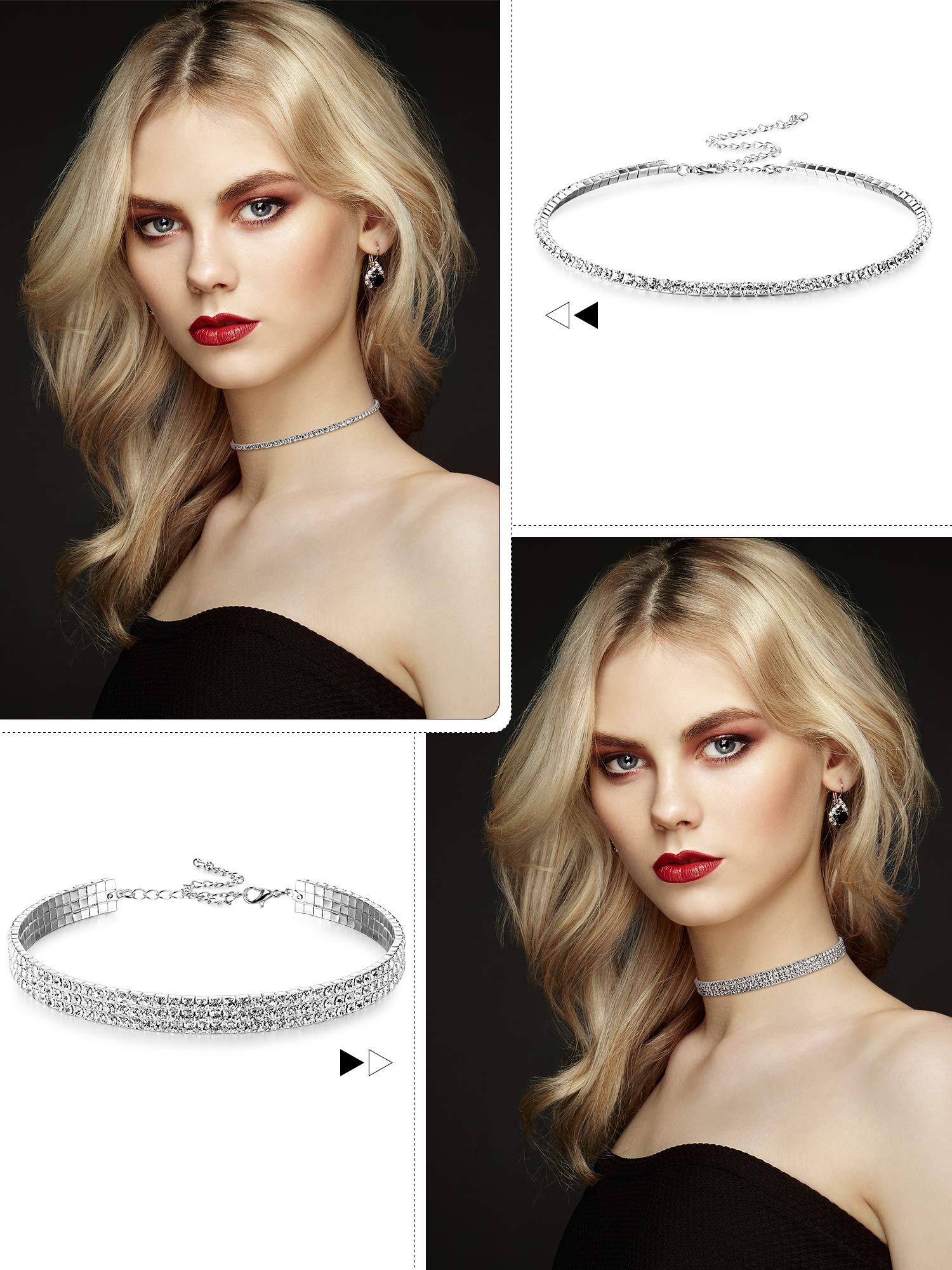 Hicarer 2 Pieces Rhinestone Choker Necklaces 1 and 3 Rows Women Crystal Choker Necklaces