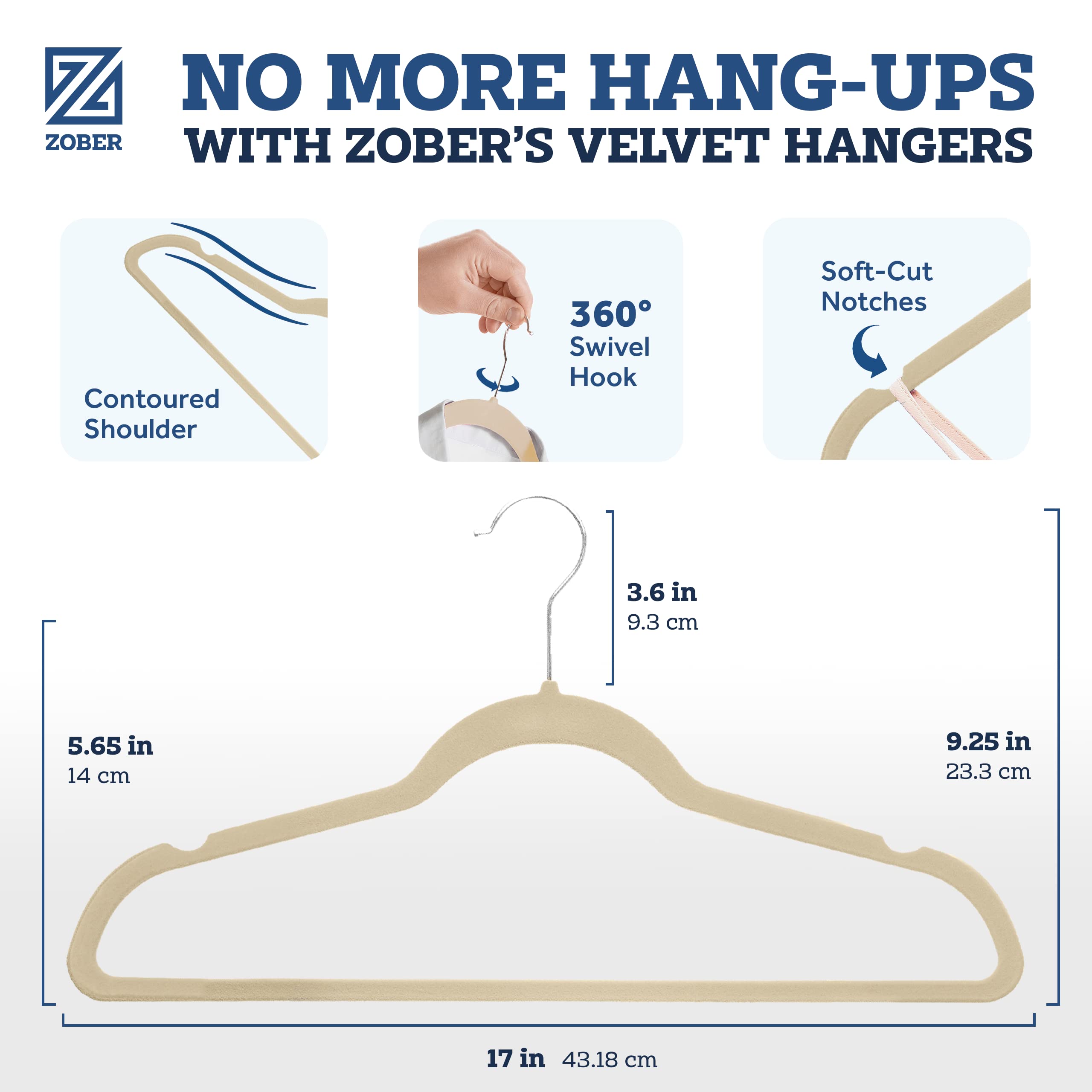 Zober Velvet Hangers 100 Pack - Heavy Duty Ivory Hangers for Coats, Pants & Dress Clothes - Non Slip Clothes Hanger Set - Space Saving Felt Hangers for Clothing