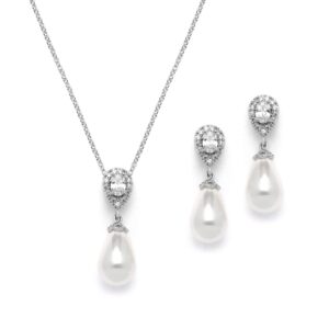 mariell pearl drop bridal necklace and earrings set with cz crystals for bride, wedding, birthday gift