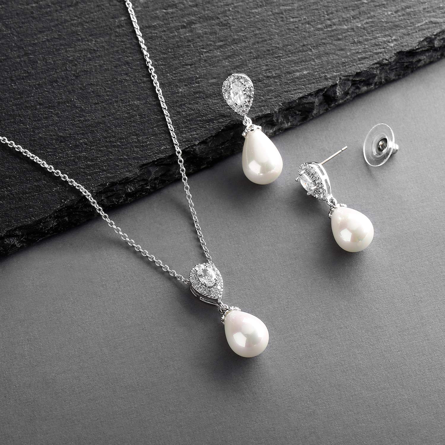 Mariell Pearl Drop Bridal Necklace and Earrings Set with CZ Crystals for Bride, Wedding, Birthday Gift