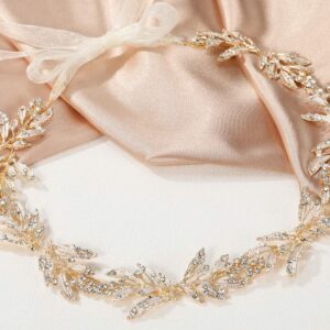 SWEETV Leaf Wedding Headpieces for Bride Flower Girl Gold Bridal Headband with Rhinestones Women Handmade Hair Accessories