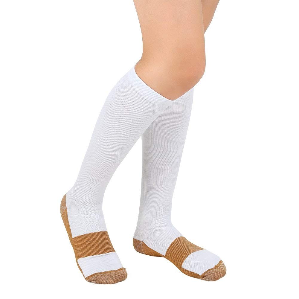 CompressionXSportz Compression Copper Socks For Men and Women 15-20mmhg Over The Calf Below Knee High for Sports, Medical, Nurses, Athletes, Travel, Pregnancy, etc (Copper/White, 1 Pr, Sm/Med)