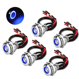 5pcs 19mm 12v waterproof on off latching push button switch with wiring harness and led indicator light, 24v pre-wired spdt self-locking 4 pin marine metal switch for boats cars truck (blue)