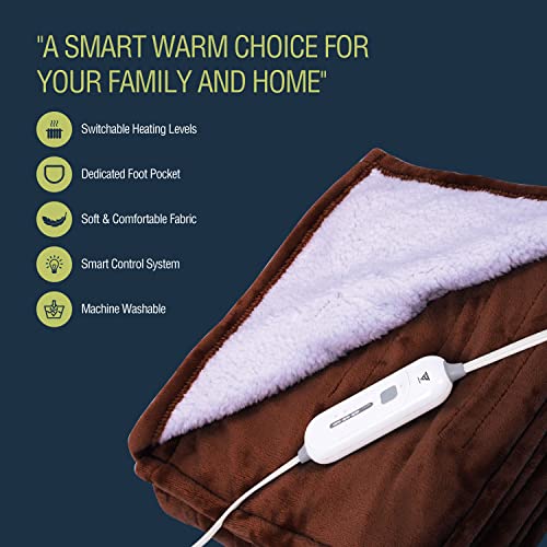 Electric Blanket Heated Throw Flannel & Sherpa Reversible With Foot Pocket Fast Heating Blanket 50" x 60", ETL Certification with 3 Heating Levels & 4 Hours Auto Off Home Office Use & Machine Washable