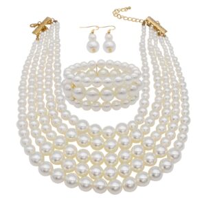 MeliMe Faux Big Pearl Srand Necklaces for Women 5 Layers Pearl Bib Collar Necklace Bracelet and Earrings set 1920s Costume Pearl Jewelry Bridal Wedding gift (white pearl necklace set)