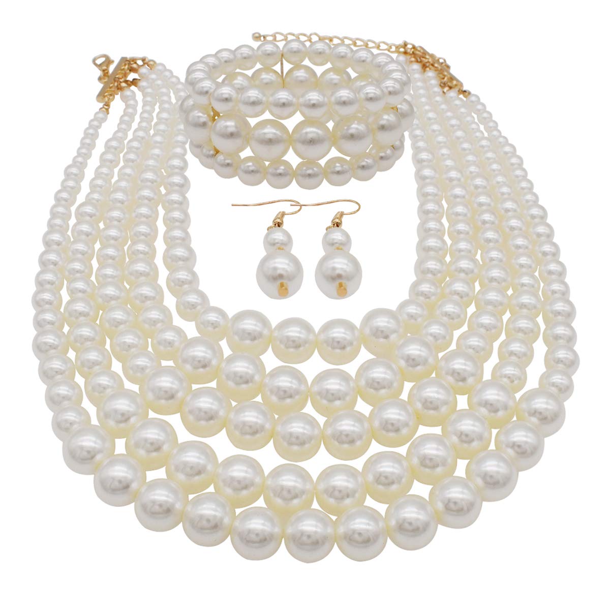 MeliMe Faux Big Pearl Srand Necklaces for Women 5 Layers Pearl Bib Collar Necklace Bracelet and Earrings set 1920s Costume Pearl Jewelry Bridal Wedding gift (white pearl necklace set)