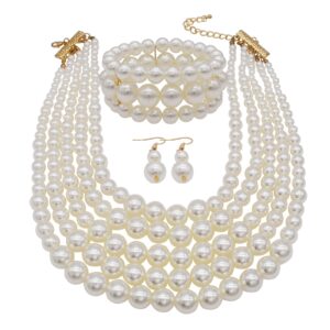 MeliMe Faux Big Pearl Srand Necklaces for Women 5 Layers Pearl Bib Collar Necklace Bracelet and Earrings set 1920s Costume Pearl Jewelry Bridal Wedding gift (white pearl necklace set)