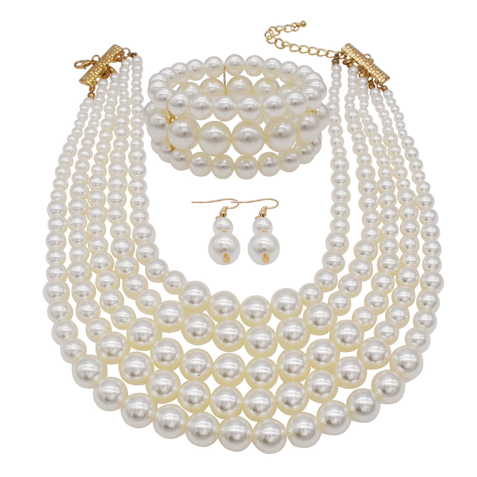 MeliMe Faux Big Pearl Srand Necklaces for Women 5 Layers Pearl Bib Collar Necklace Bracelet and Earrings set 1920s Costume Pearl Jewelry Bridal Wedding gift (white pearl necklace set)