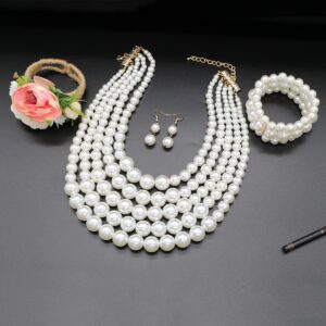 MeliMe Faux Big Pearl Srand Necklaces for Women 5 Layers Pearl Bib Collar Necklace Bracelet and Earrings set 1920s Costume Pearl Jewelry Bridal Wedding gift (white pearl necklace set)