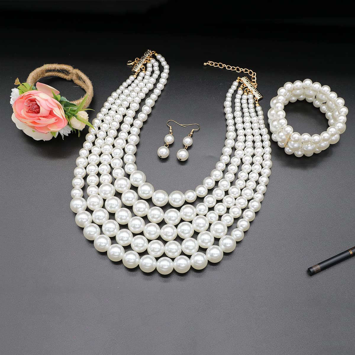 MeliMe Faux Big Pearl Srand Necklaces for Women 5 Layers Pearl Bib Collar Necklace Bracelet and Earrings set 1920s Costume Pearl Jewelry Bridal Wedding gift (white pearl necklace set)