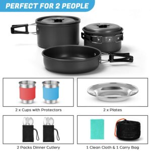 Odoland 15pcs Camping Cookware Mess Kit, Non-Stick Lightweight Pots Pan Set with Stainless Steel Cups Plates Forks Knives Spoons for Camping, Backpacking, Outdoor Cooking and Picnic