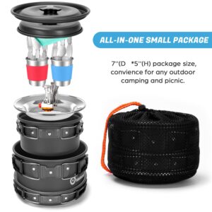 Odoland 16pcs Camping Cookware Mess Kit with Folding Camping Stove, Non-Stick Lightweight Pots Pan Set with Stainless Steel Cups Plates Forks Knives Spoons for Camping, Backpacking, Outdoor Cooking