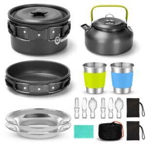 odoland 15pcs camping cookware mess kit, non-stick lightweight pot pan kettle set with stainless steel cups plates forks knives spoons for camping, backpacking, outdoor cooking and picnic