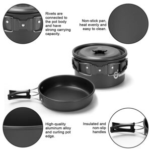 Odoland 15pcs Camping Cookware Mess Kit, Non-Stick Lightweight Pot Pan Kettle Set with Stainless Steel Cups Plates Forks Knives Spoons for Camping, Backpacking, Outdoor Cooking and Picnic