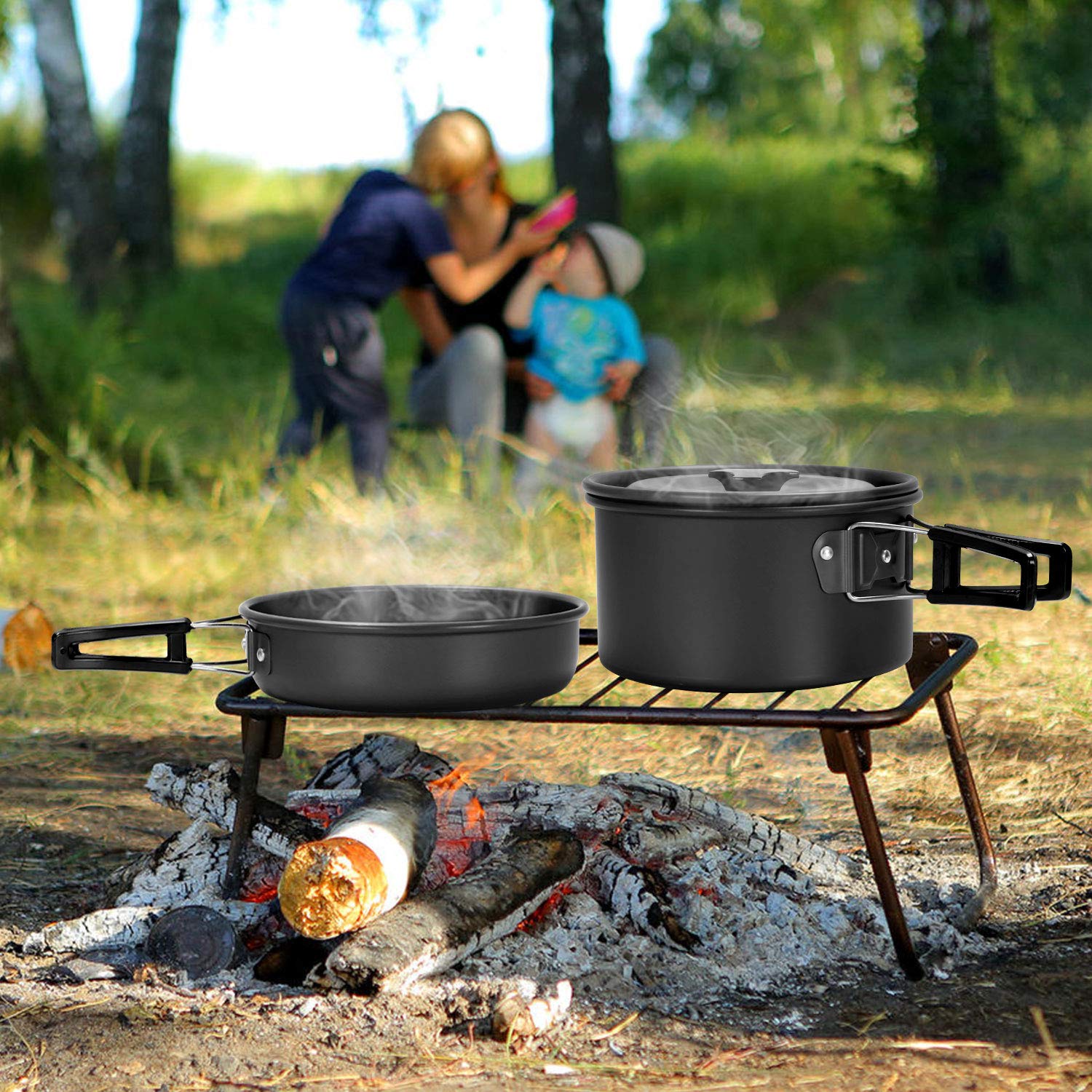 Odoland 16pcs Camping Cookware Set with Folding Camping Stove, Non-Stick Lightweight Pot Pan Kettle Set with Stainless Steel Cups Plates Forks Knives Spoons for Camping Backpacking Outdoor Picnic