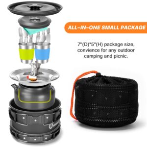 Odoland 16pcs Camping Cookware Set with Folding Camping Stove, Non-Stick Lightweight Pot Pan Kettle Set with Stainless Steel Cups Plates Forks Knives Spoons for Camping Backpacking Outdoor Picnic