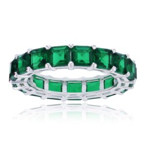 Sterling Silver Rhodium Polished 4mm Emerald Princess Cubic Zirconia Eternity Band for Women | AAA Cubic Zirconia Spinel Gemstone Engadgement Wedding Ring | Sizes 5-10