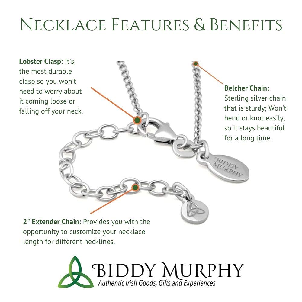 Biddy Murphy 925 Sterling Silver Trinity Celtic Knot Necklace for Women, 7/8" x 5/8" Inch Triquetra Triangle Pendant, Fine Irish Jewelry, 20" Inch with 2” Inch Extension Chain, Made in Ireland