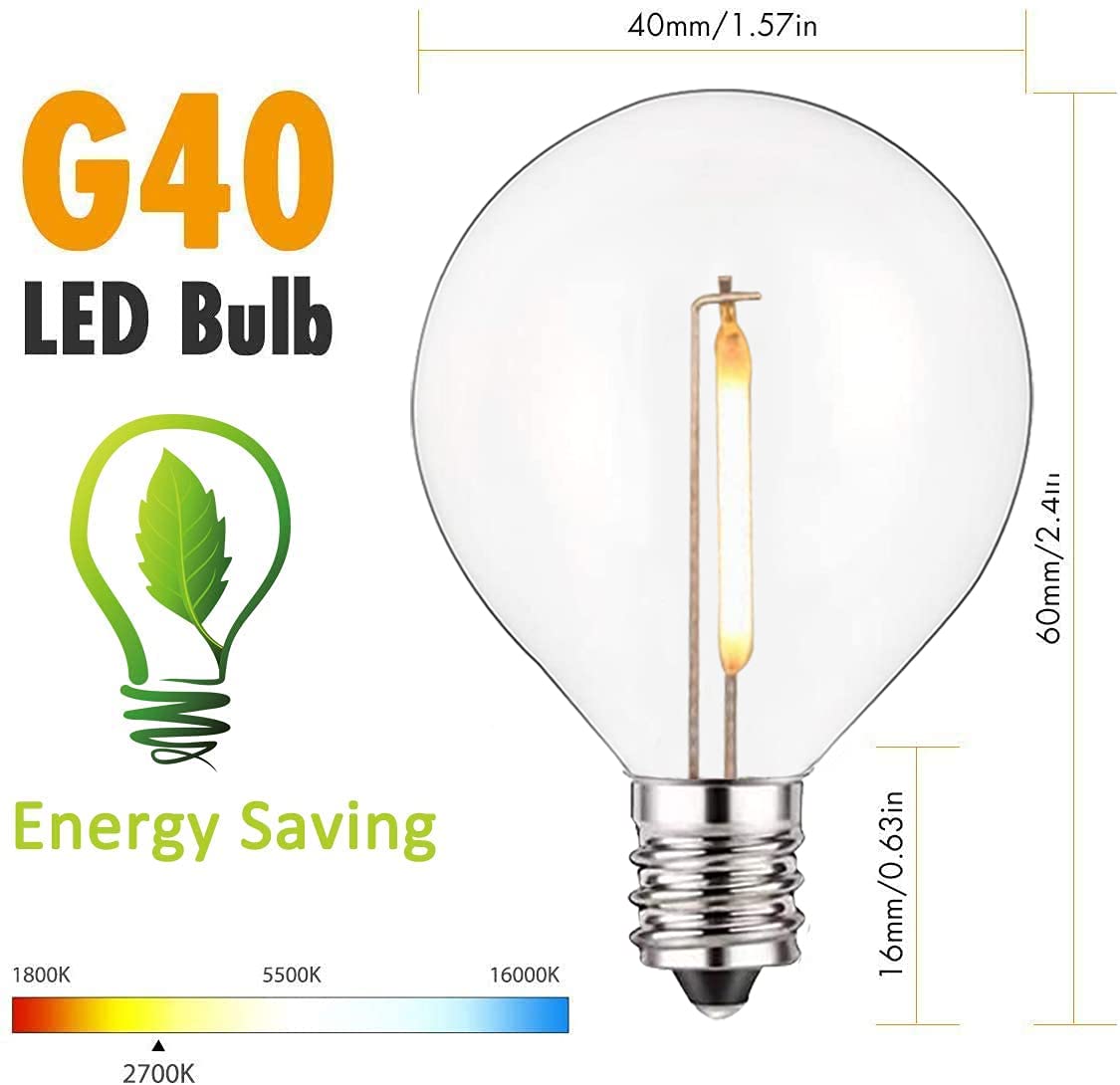 25 Pack G40 LED Replacement Bulb E12 Screw Base LED Globe Light Bulbs for Patio String Lights, Equivalent to 0.6-Watt Clear Light Bulbs