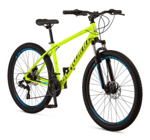 schwinn high timber alx mountain bike for adult men women, 27.5-inch wheels, 21-speeds, front suspension, aluminum frame, mechanical disc brakes, yellow