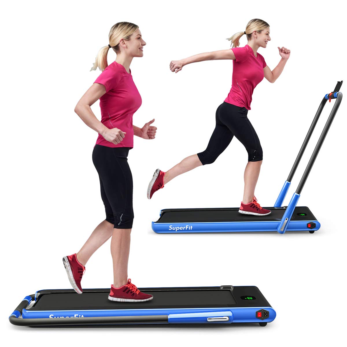 GYMAX Walking Pad, 2 in 1 Free Installation Under Desk Treadmill with Smart App, Remote Control & LED Display, 2.25HP Foldable Portable Compact Running Machine for Small Spaces Home Office (Navy)