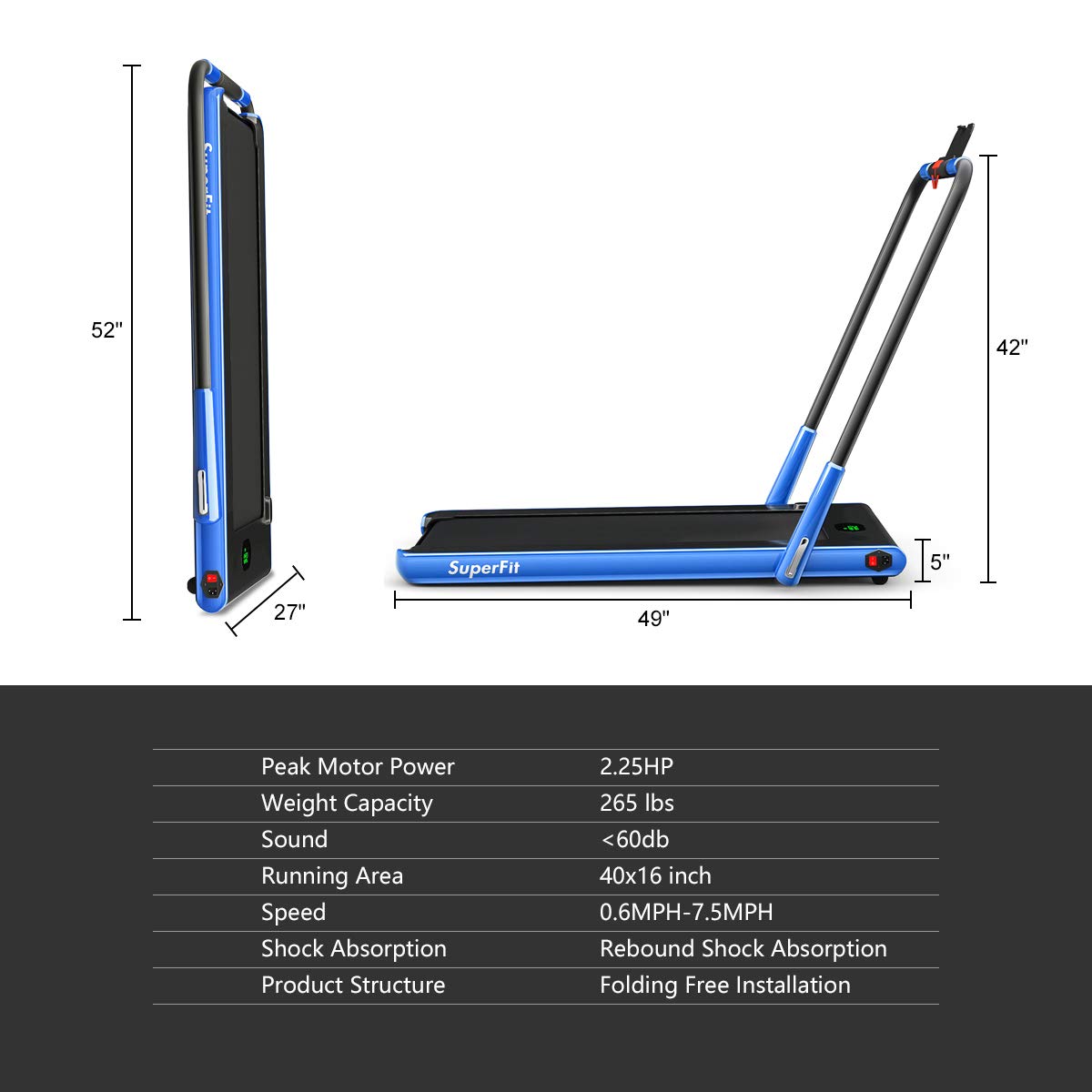 GYMAX Walking Pad, 2 in 1 Free Installation Under Desk Treadmill with Smart App, Remote Control & LED Display, 2.25HP Foldable Portable Compact Running Machine for Small Spaces Home Office (Navy)