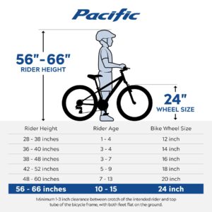 Pacific Mountain Sport Youth/Adult Hardtail Mountain Bike, Boys and Girls, 24-Inch Wheels, 18 Speed Twist Shifters, Front Suspension, Steel Frame, Light Blue