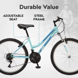 Pacific Mountain Sport Youth/Adult Hardtail Mountain Bike, Boys and Girls, 24-Inch Wheels, 18 Speed Twist Shifters, Front Suspension, Steel Frame, Light Blue